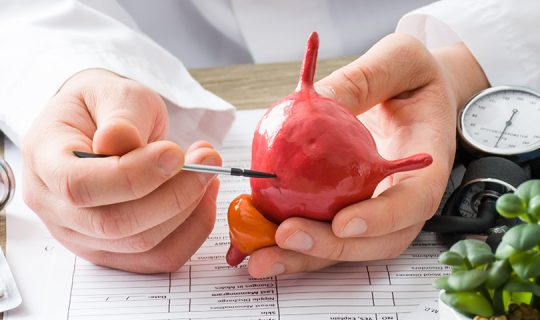At doctors appointment physician shows to patient shape of urine